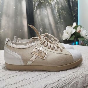 Cesare Paciotti Beige and Pearl Sneakers.No size Tag See Pic For measurement.